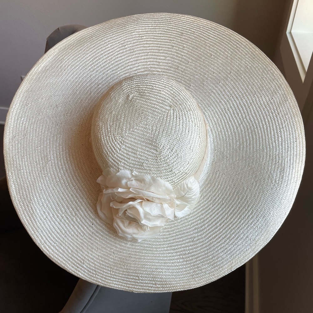 LISA SHAUB Couture New York Cream Straw Hat with Silk Flower | Worn Once